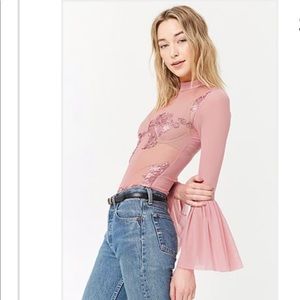 Forever 21 Sheer mesh floral pink bodysuit